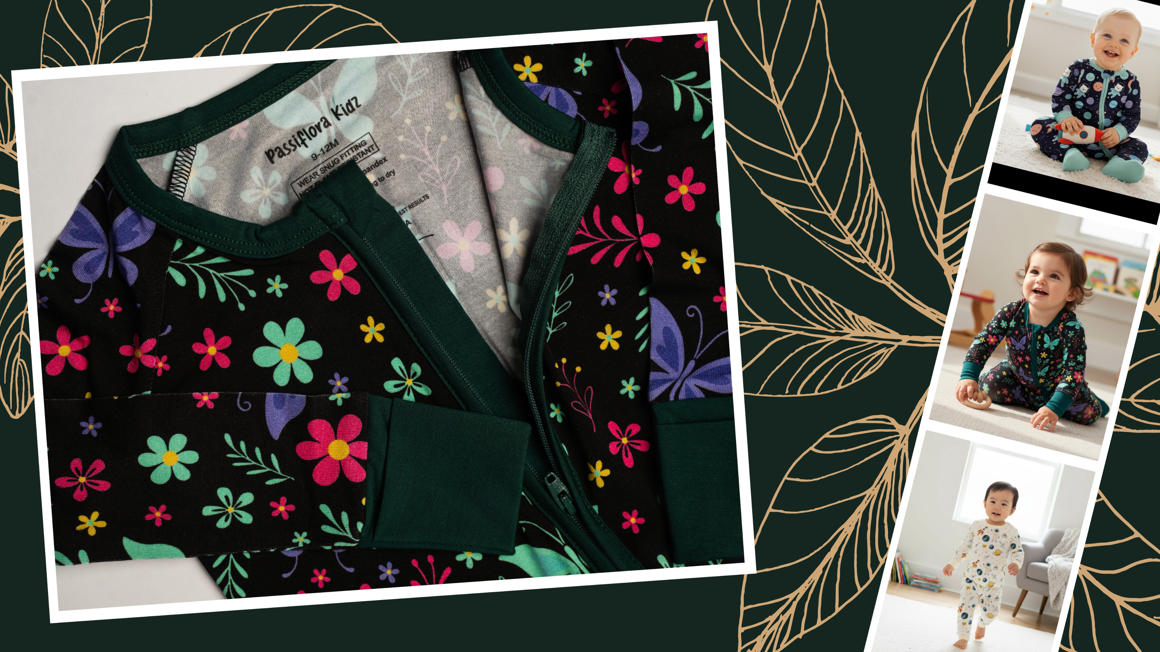 Children's floral-patterned shirt with a brand label, displayed with lifestyle images of a child wearing the shirt.